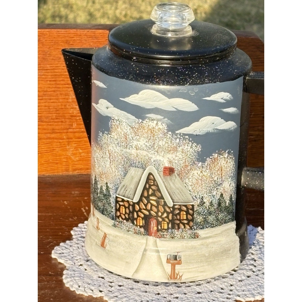 Vtg Light Blue Metal Pyres Coffee Pot Perculator Hand Painted Winter Home Scene - Picture 2 of 5
